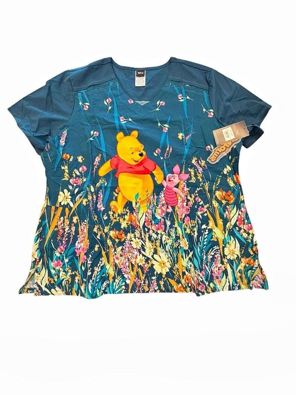 Disney Winnie the Pooh & Piglet Cherokee Tooniforms Floral Scrub Top Nurse 2XL